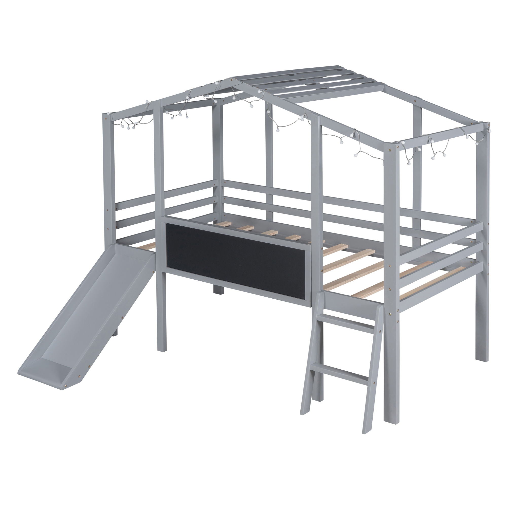 Loft House Bed With Ladder And Slide, With board And Light Strip On The Roof