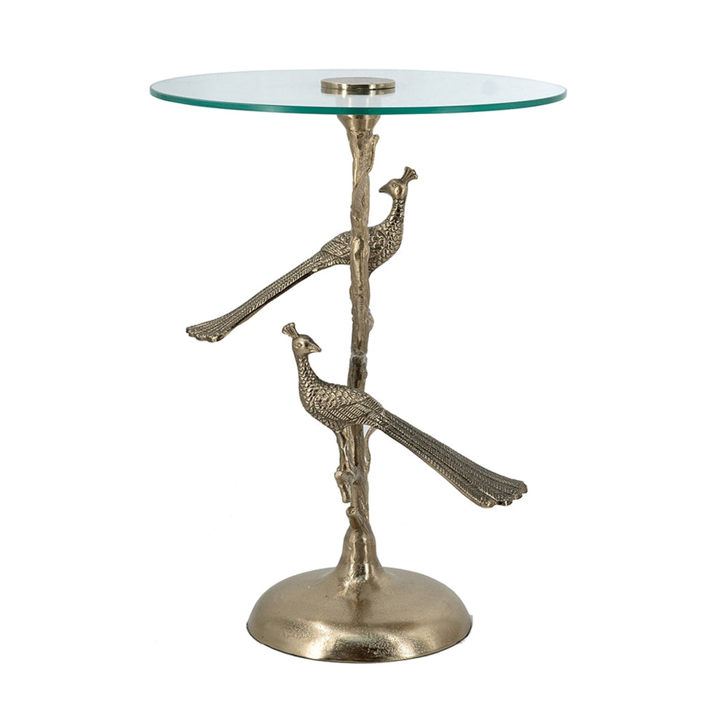 Gold Peacock Side Table with Round Glass Top