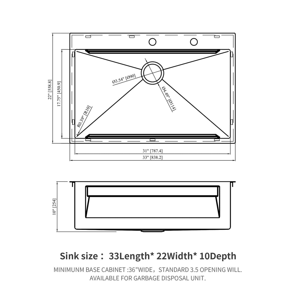 33" Drop In Kitchen Sink Single Bowl 16 Gauge Stainless Steel Ledge Workstation - Black