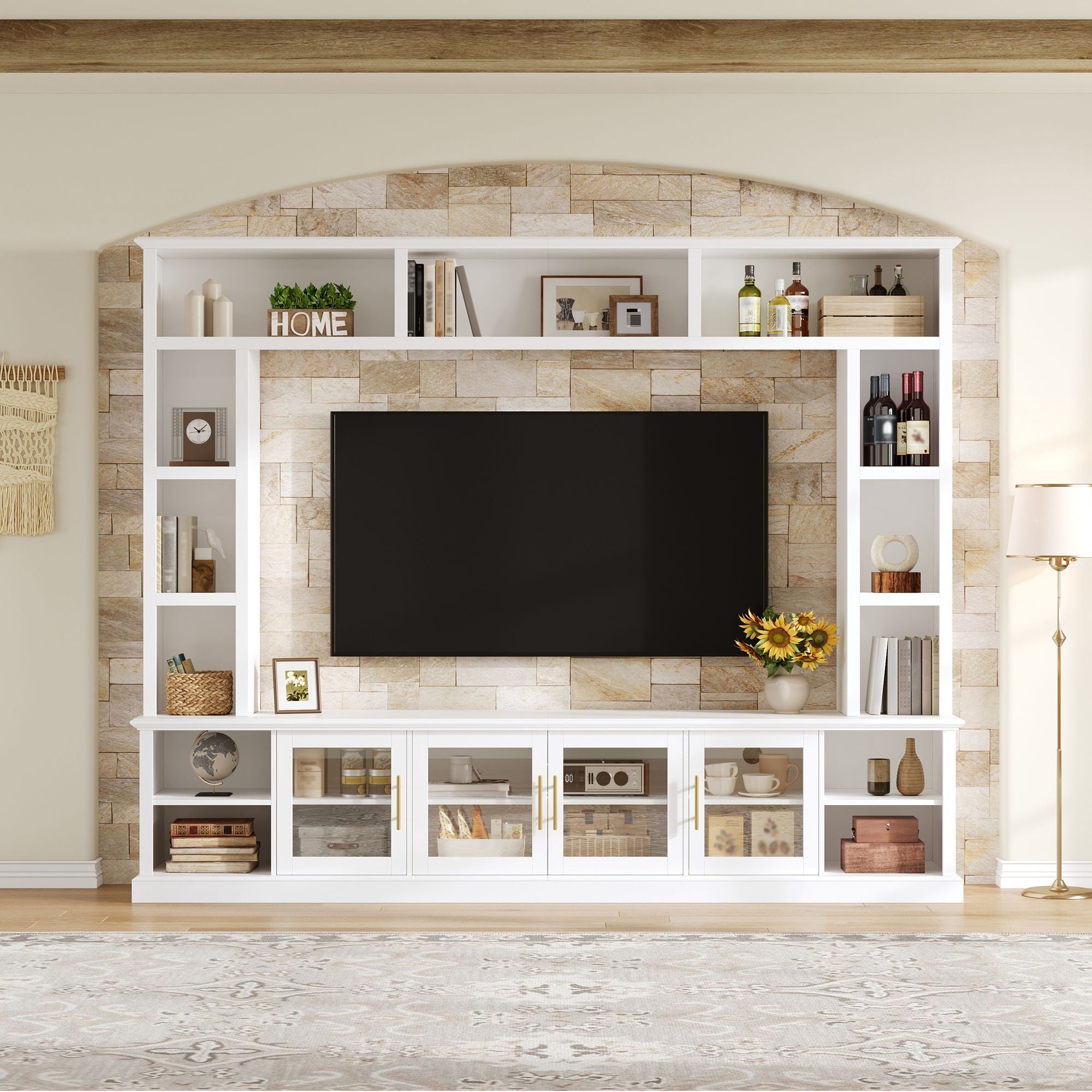 All-In-One Entertainment Center with Bookshelves & Tempered Glass Doors