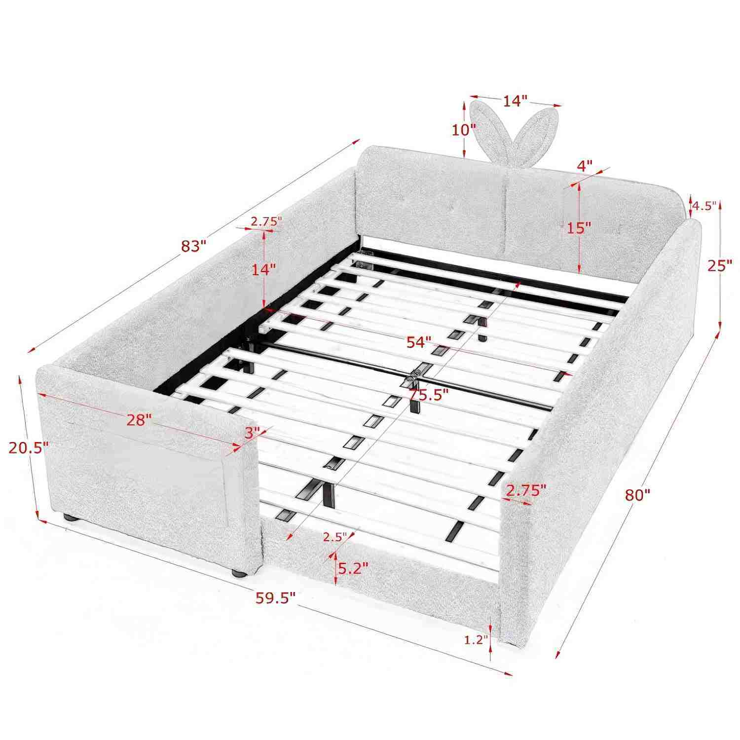 Cute Rabbit Ear Upholstered Platform Bed Frame With Safety Rail