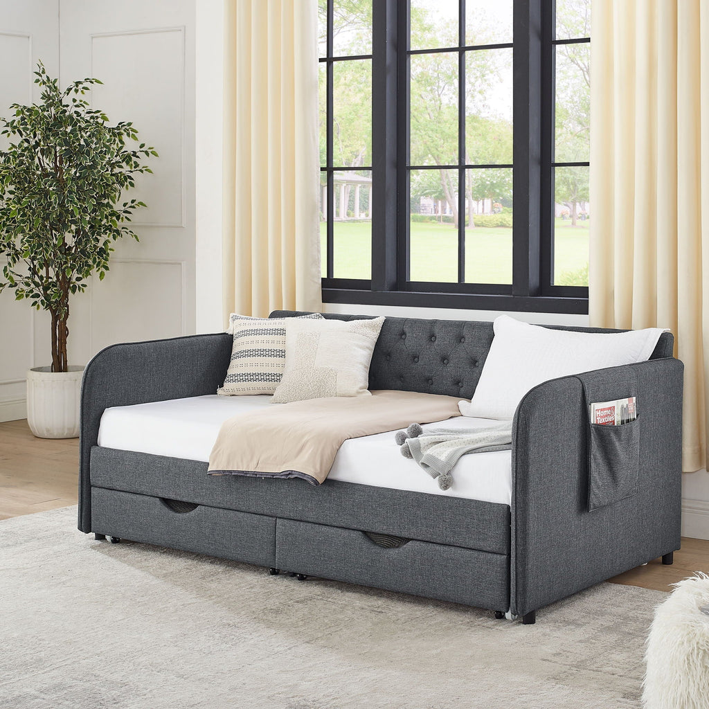 Daybed With Trundle And Storage Drawers, Flat Arms With Pocket