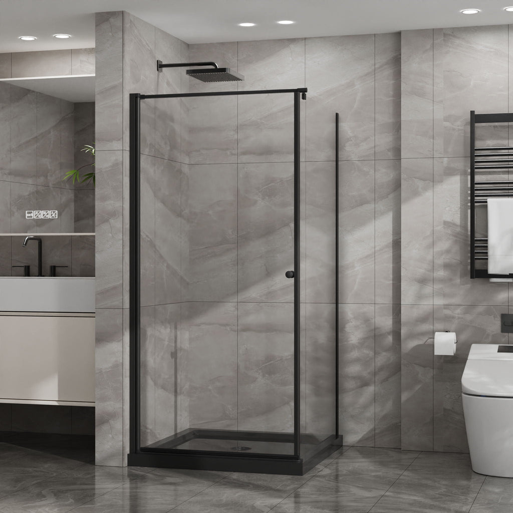 Corner Shower Enclosure with Frameless Pivot Door - Black