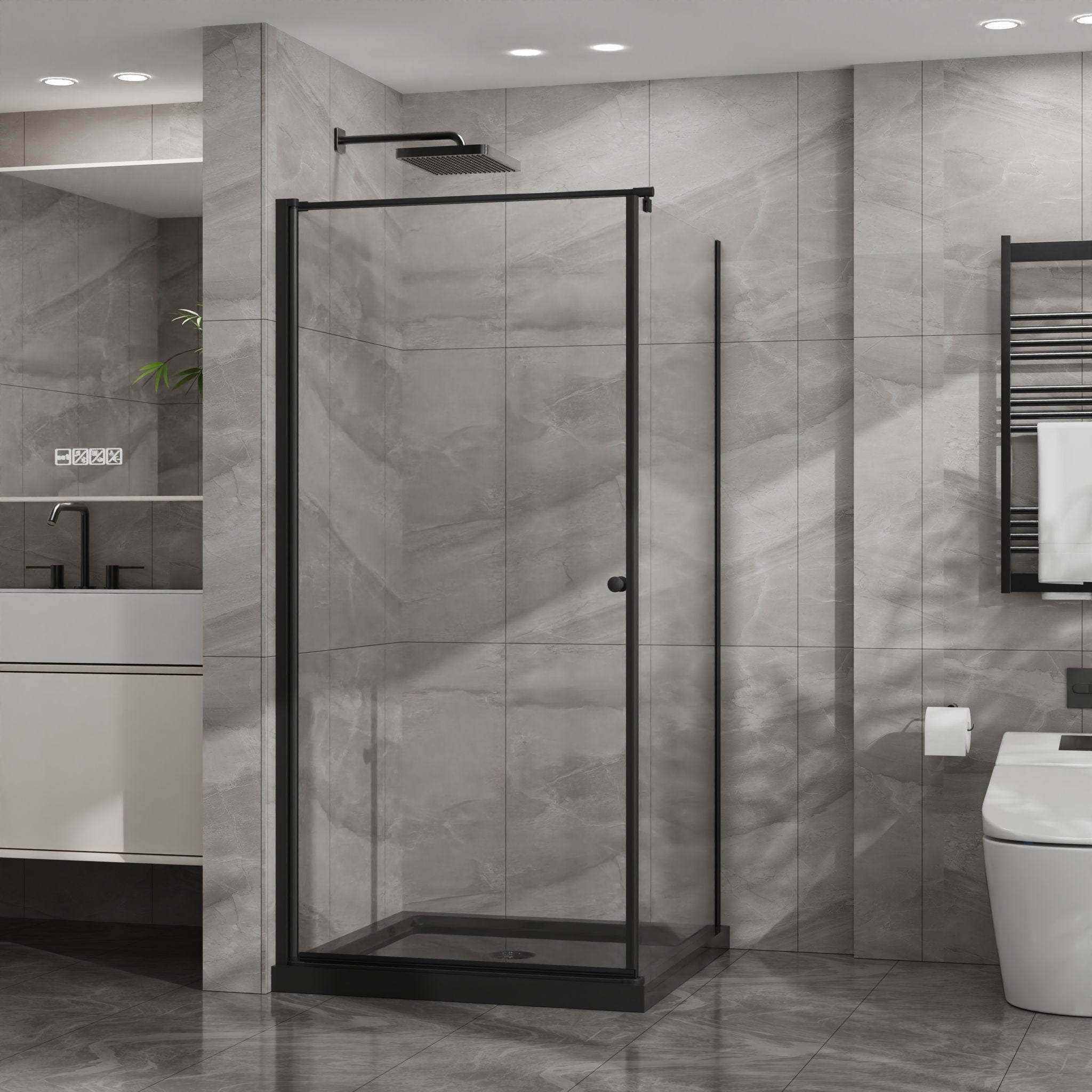 Corner Shower Enclosure with Frameless Pivot Door - Black