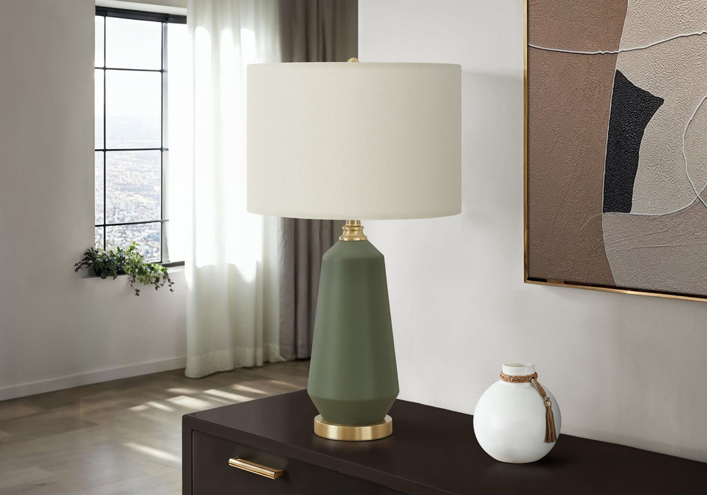 Contemporary Green Ceramic Table Lamp with Ivory Linen Shade