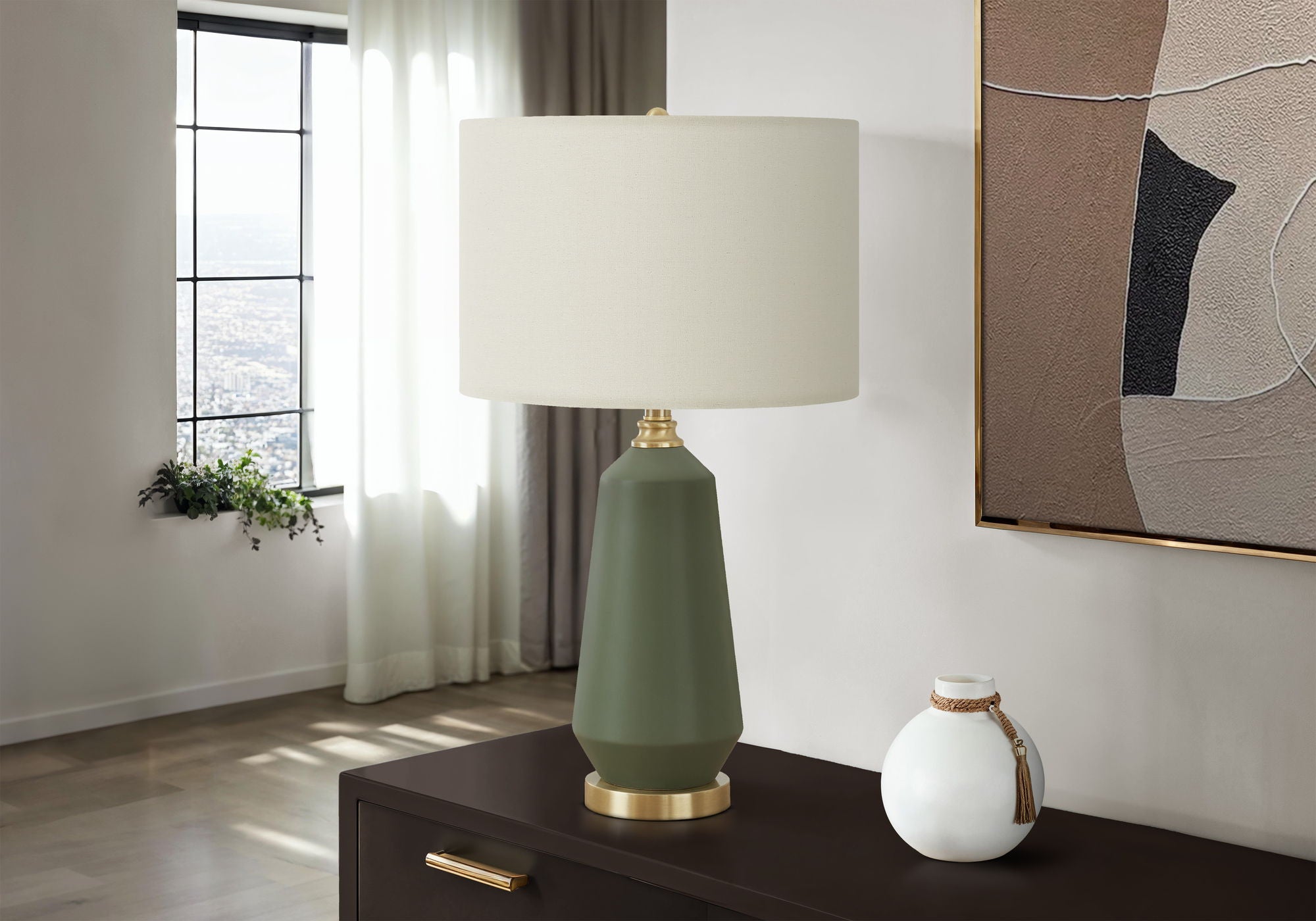 Contemporary Green Ceramic Table Lamp with Ivory Linen Shade