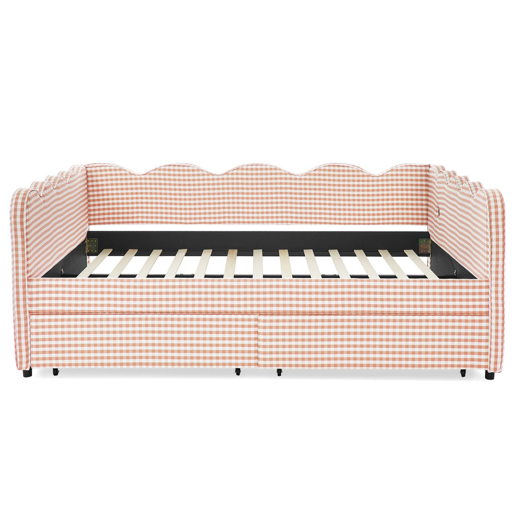 Queen Size Cozy Gingham Daybed with Two Storage Drawers and USB Port