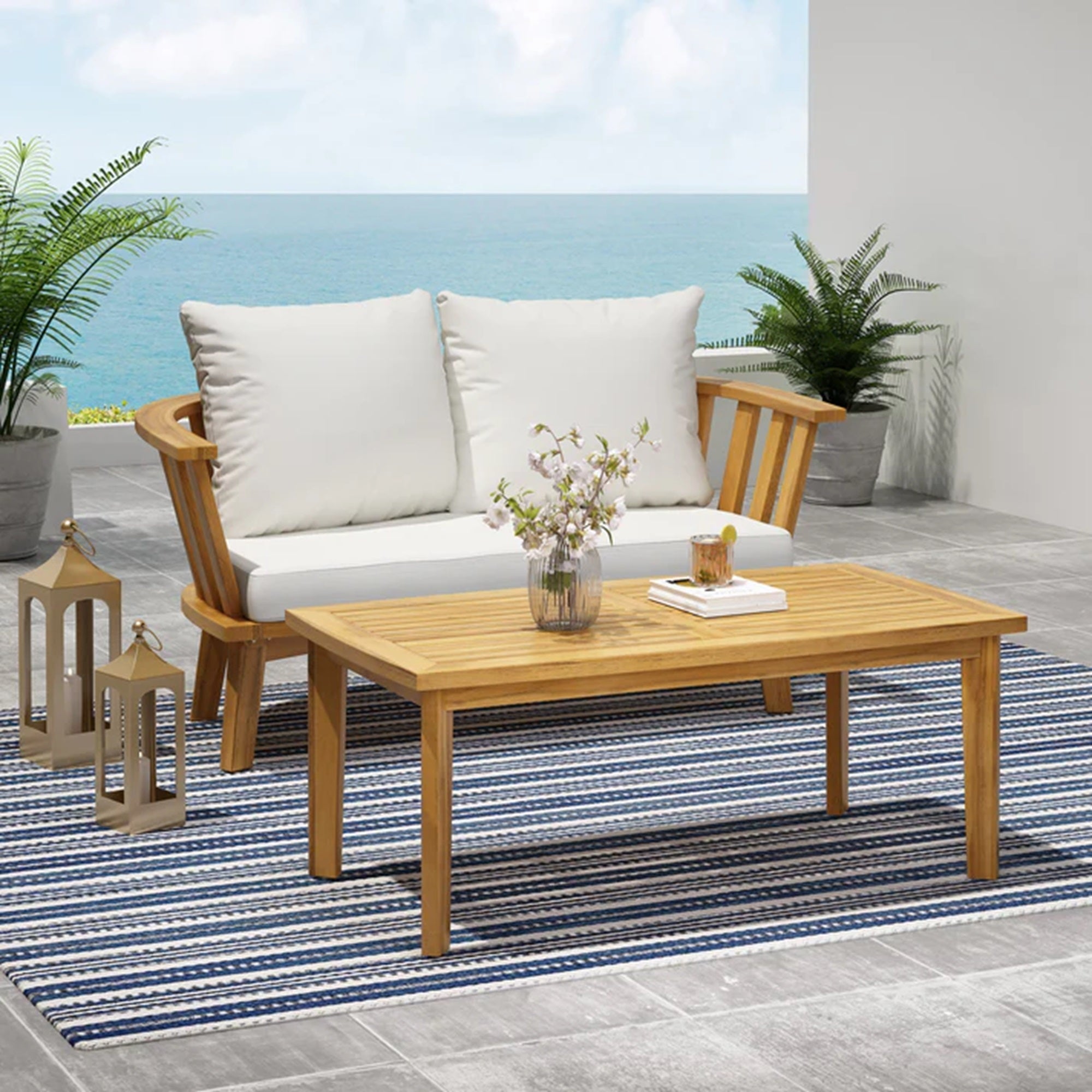 2-Person Outdoor Acacia Wood Patio Seating Group with Cushions and Coffee Table