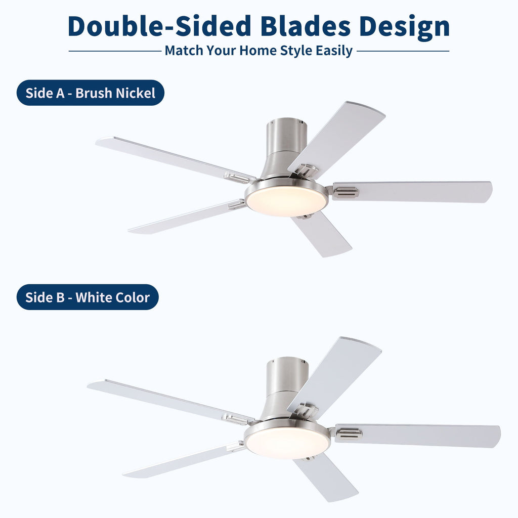 Flush Mount Ceiling Fans With LED Light And Remote Control, 5 Blades