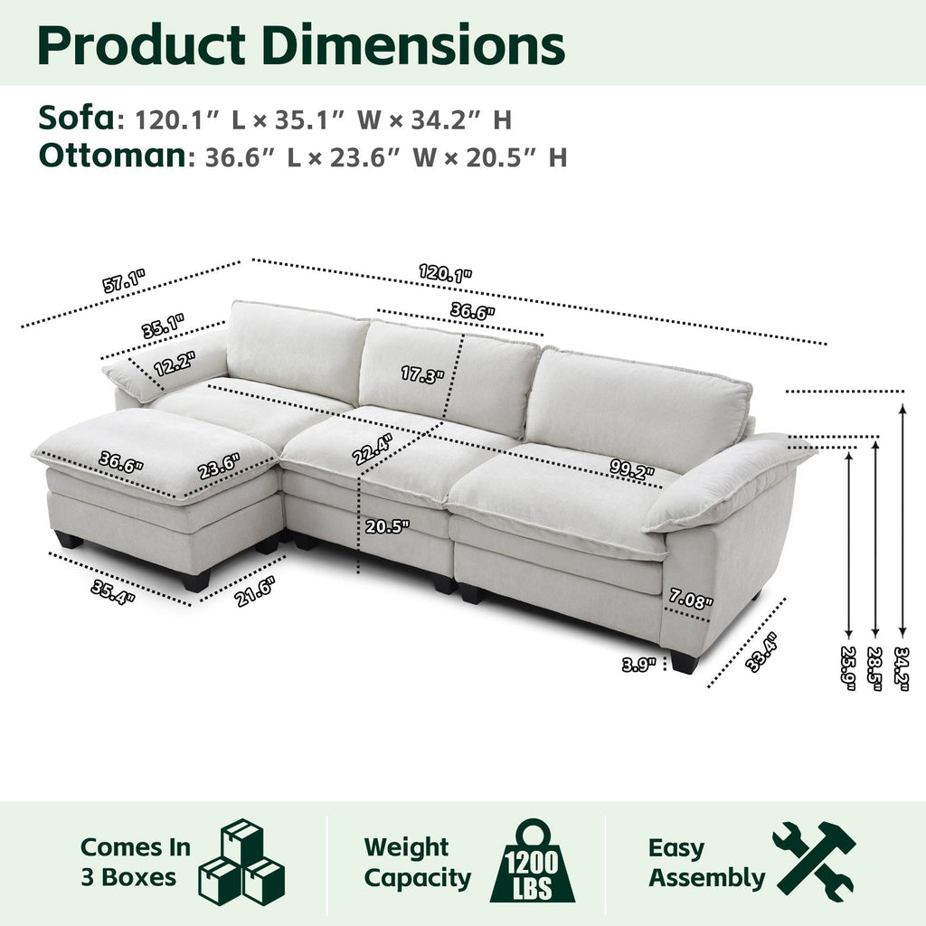 Living Room Sofa Luxury Couch with Ottoman in Soft Chenille Beige