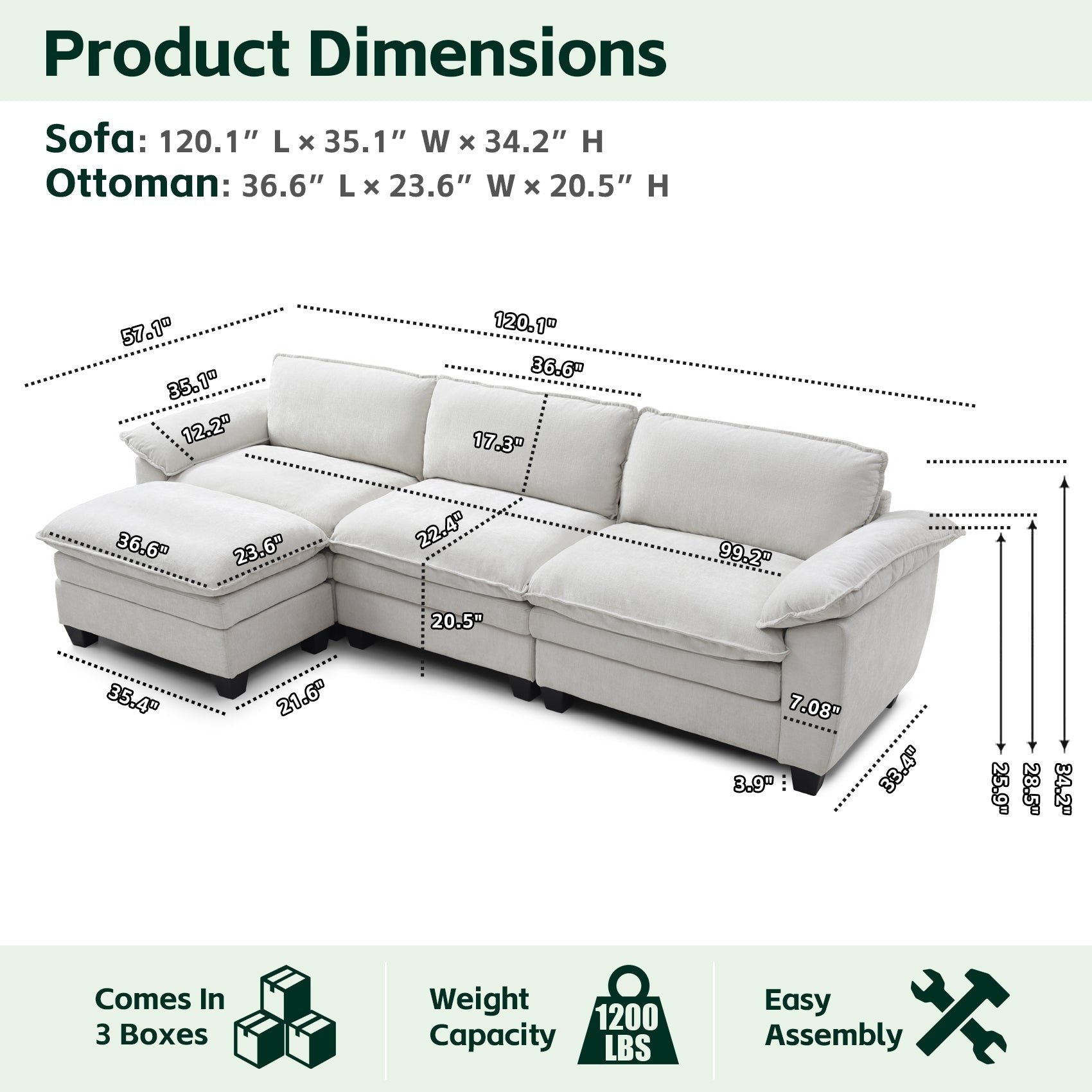 Living Room Sofa Luxury Couch with Ottoman in Soft Chenille Beige