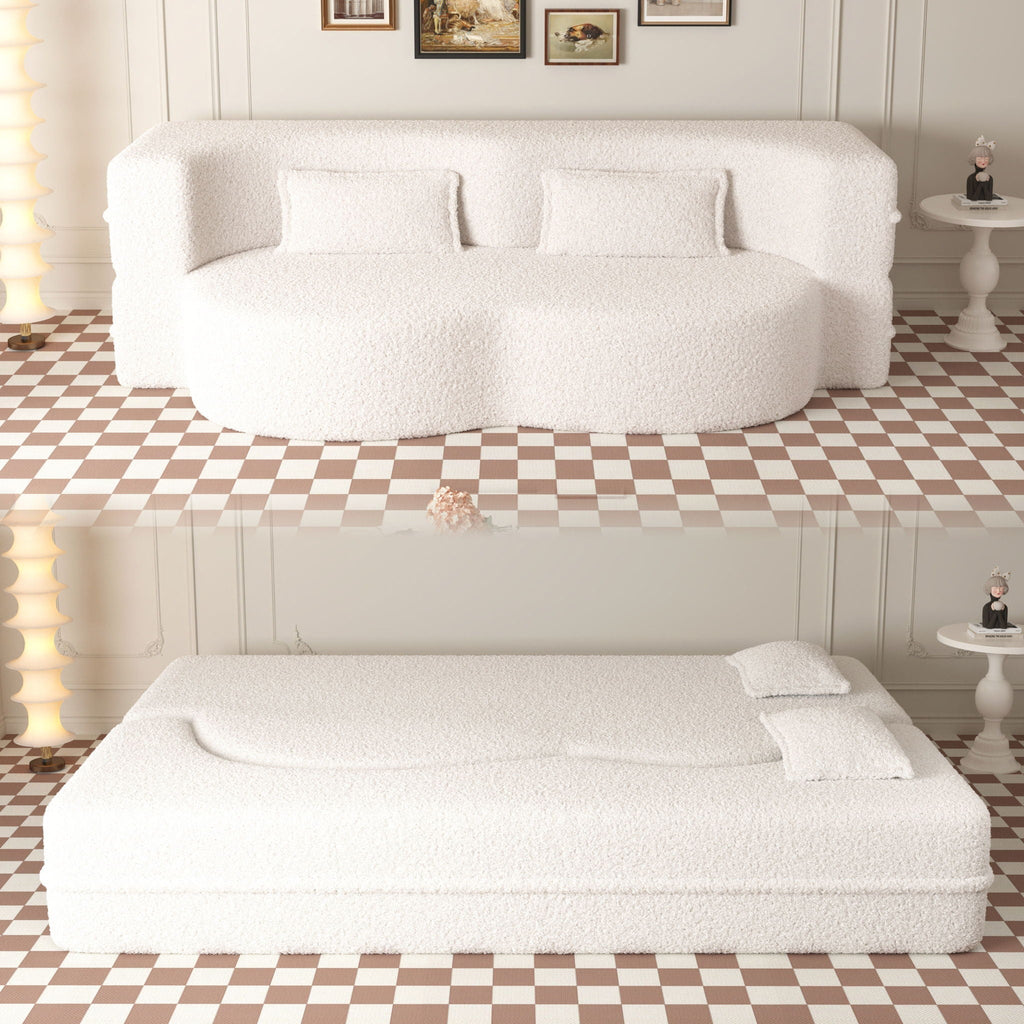 Modern Floor Sofa With Two Pillows Convertible Teddy Fabric Foam Filled Bed