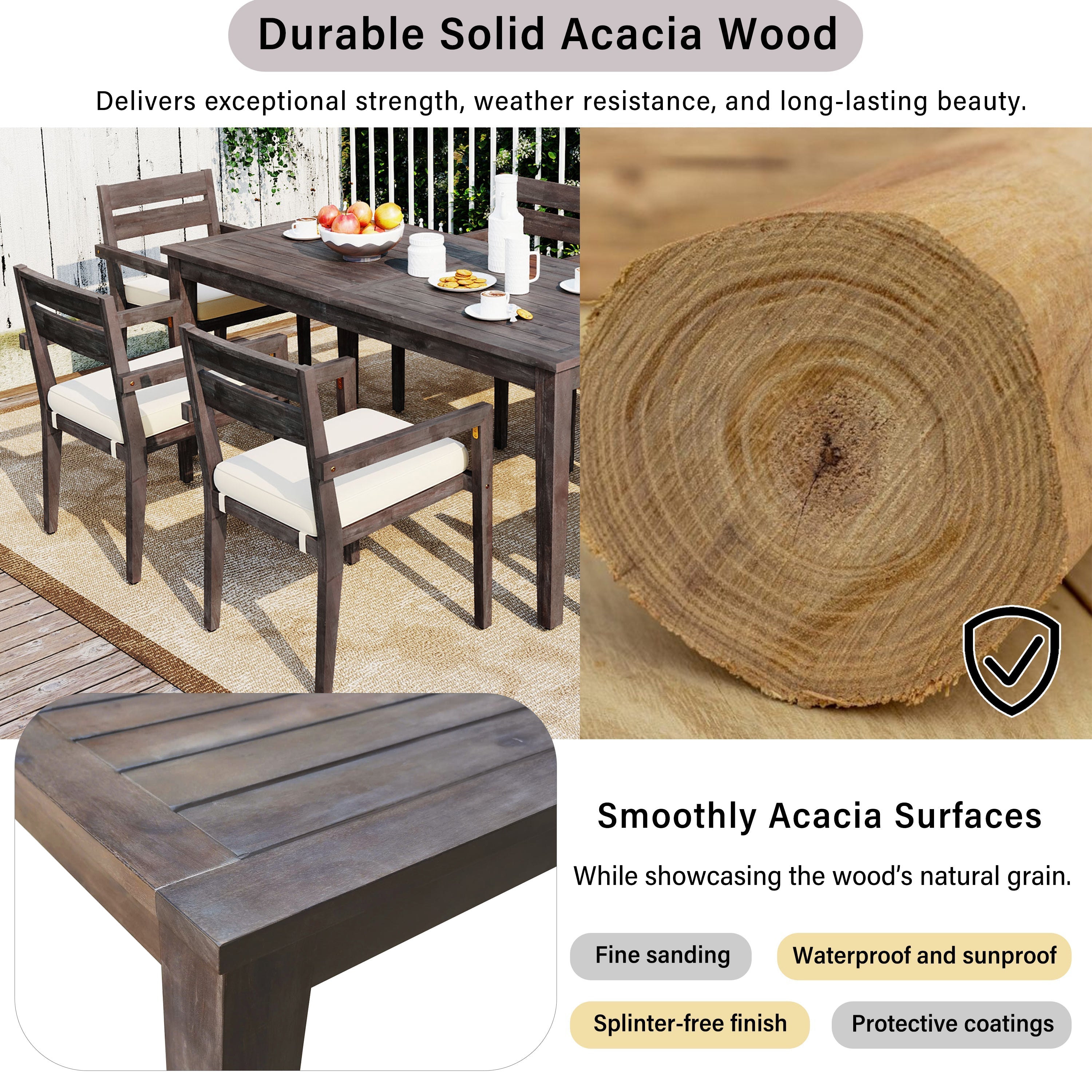 U_Style 7 Pieces Acacia Wood Outdoor Dining Set with Cushions
