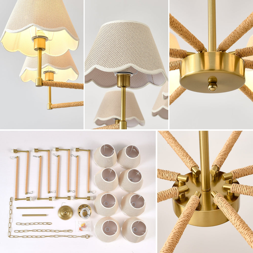 8-Light Rope and Fabric Shade Gold Chandelier