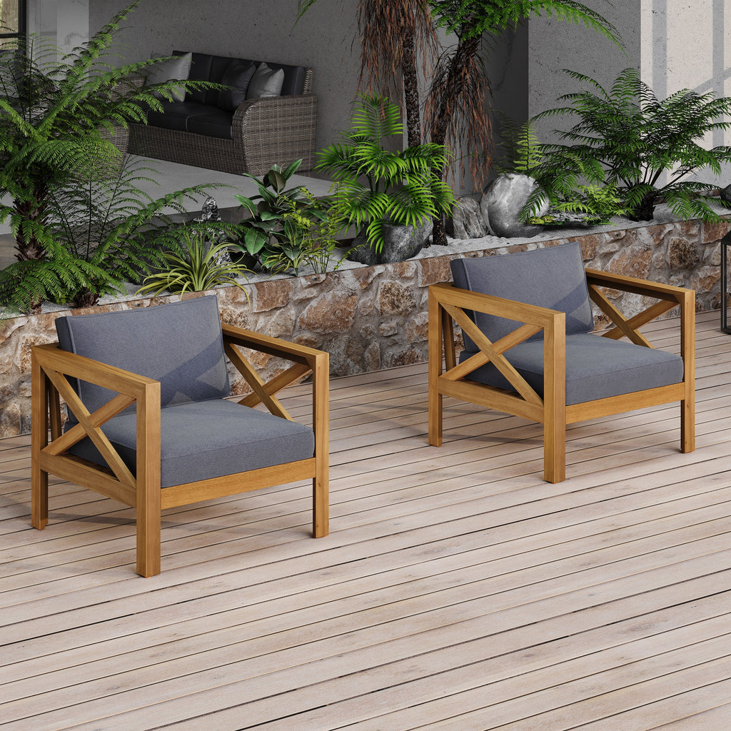 Patio Conversation Set with Foldable Acacia Wood Table and Cushioned Armchairs