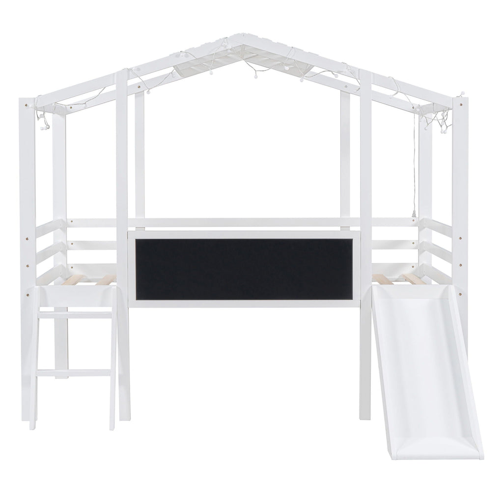 Loft House Bed With Ladder And Slide, With board And Light Strip On The Roof