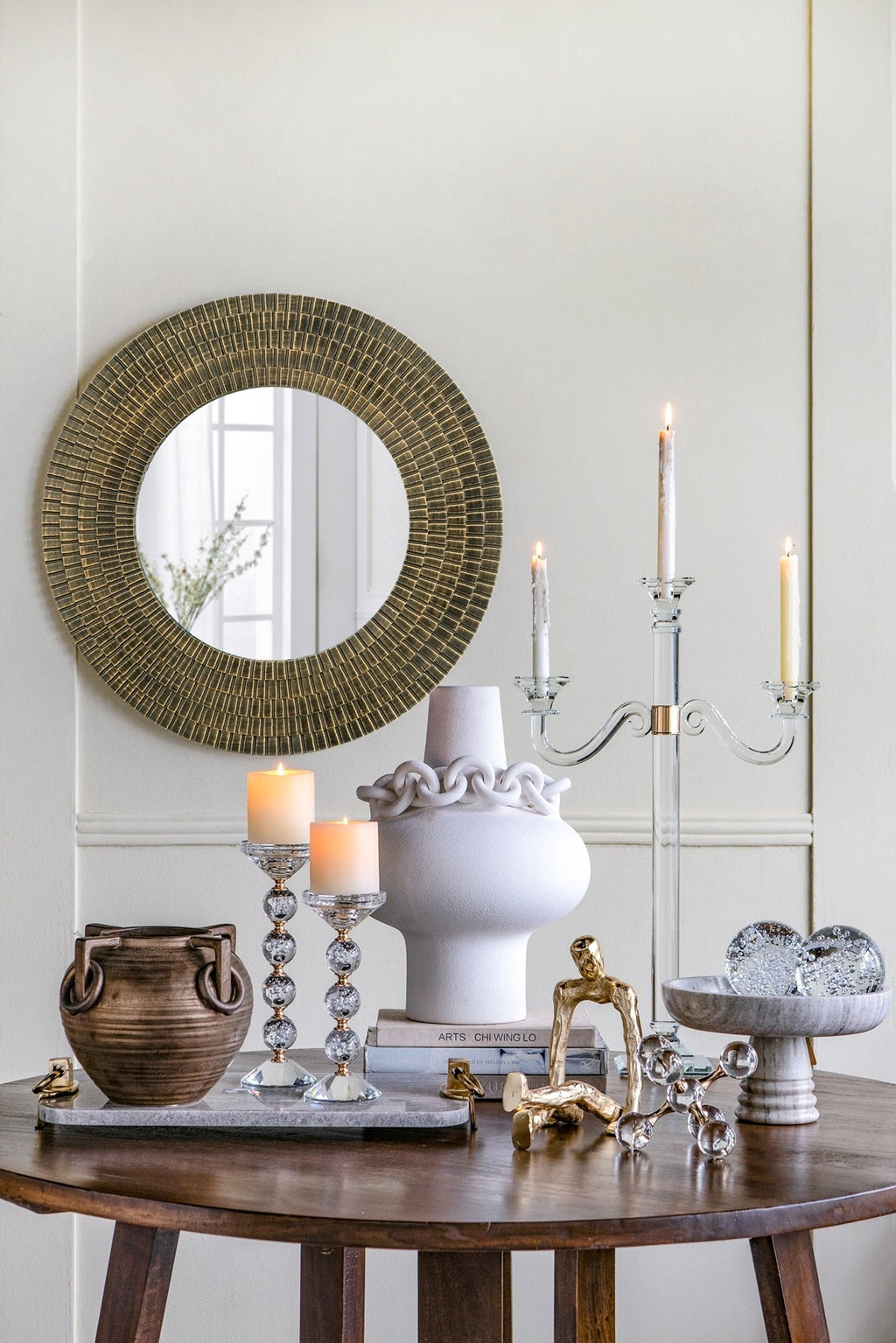 29.5" Round Gold and Black Wooden Accent Mirror with Woven Texture