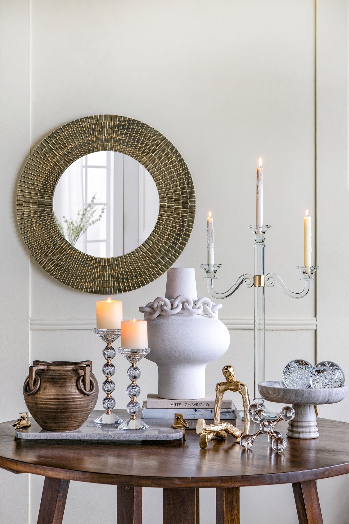 29.5" Round Gold and Black Wooden Accent Mirror with Woven Texture