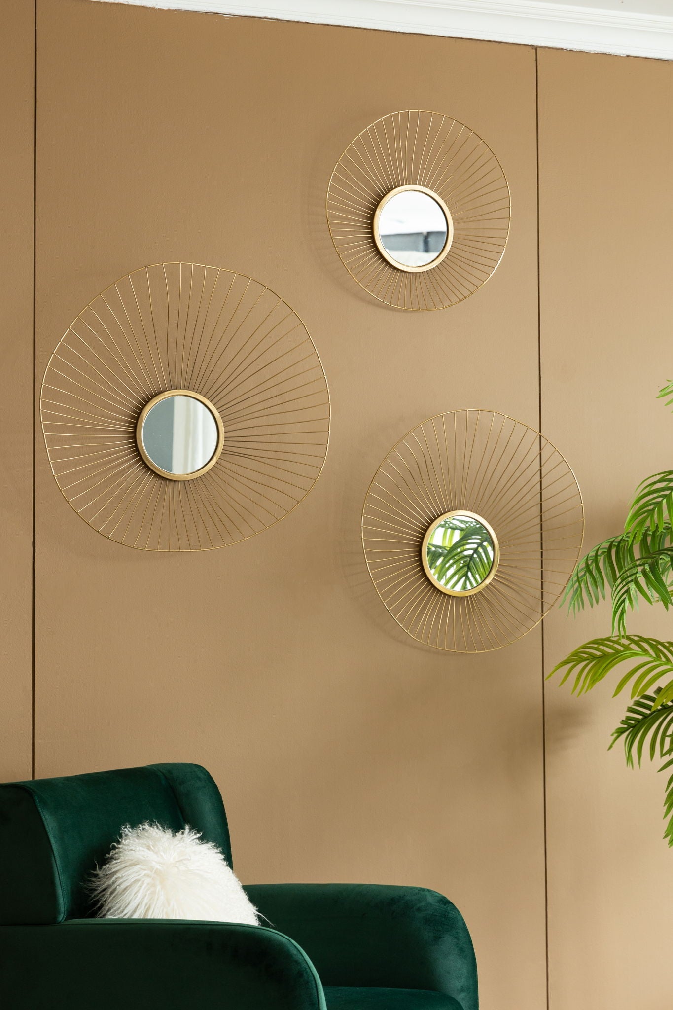 Wall Mirror Abstract Designed Wall Mirrors WithFrame For Home & Office, Top Of Sideboard (Set of 3) - Gold