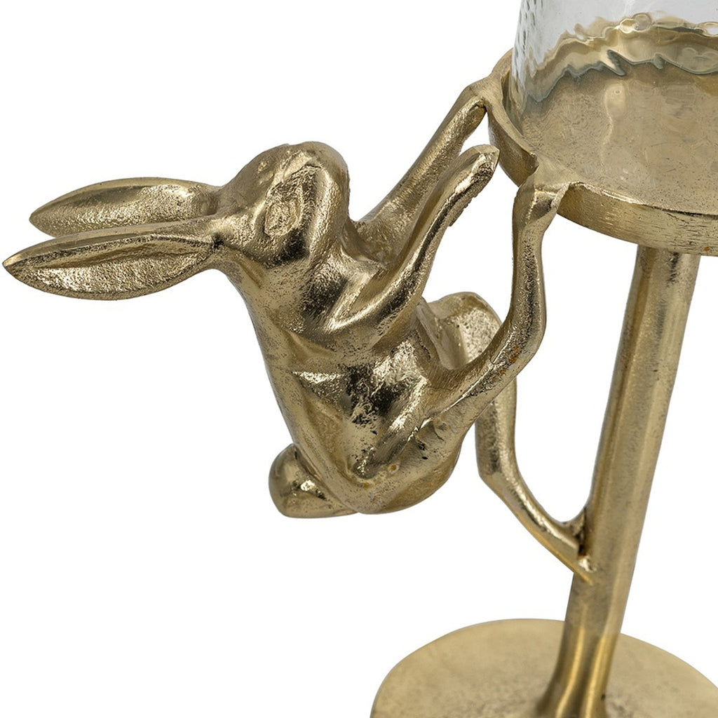 Set of 2 Gold Rabbit Pillar Candle Holders with Clear Glass Hurricane Shade