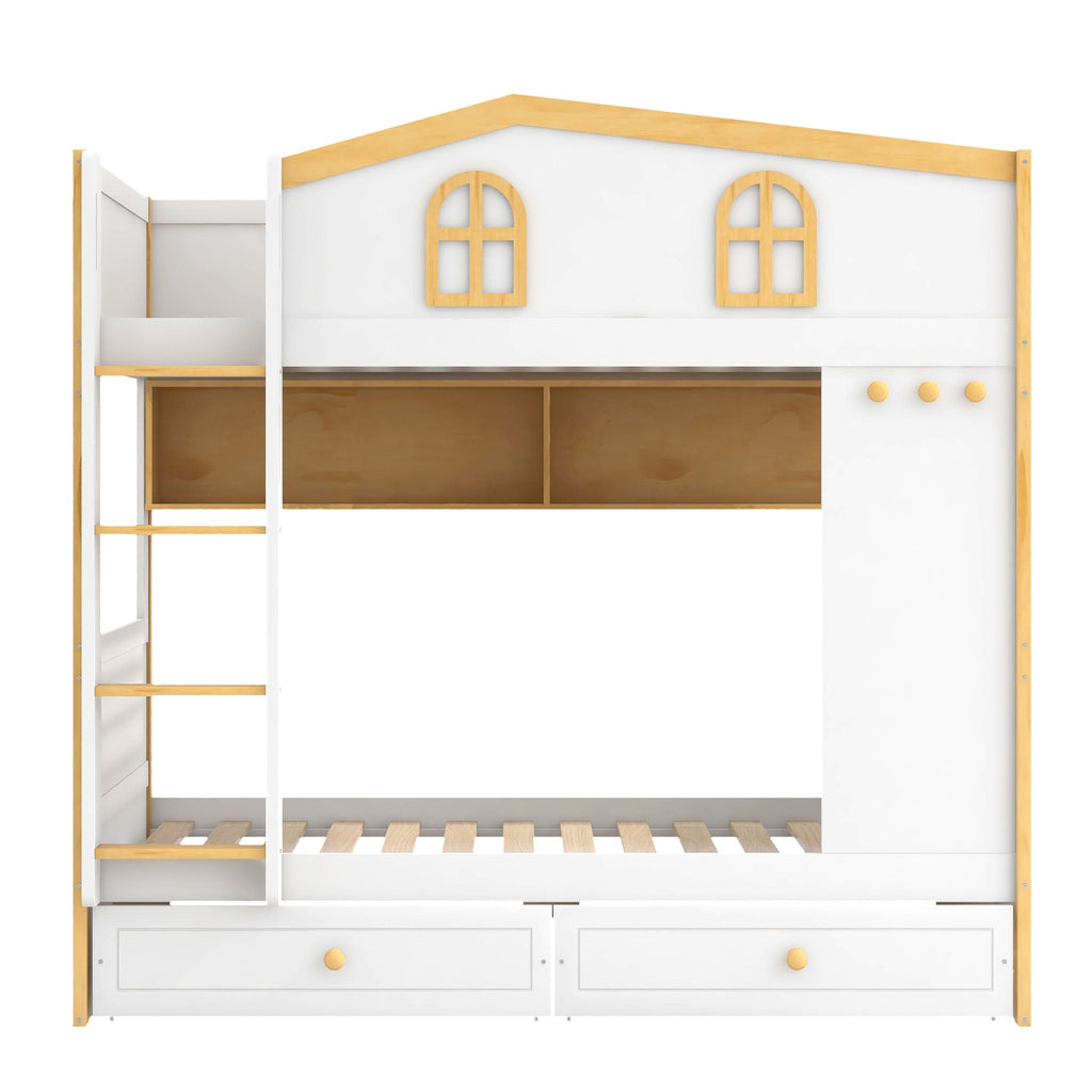 Twin Over Twin Bunk Bed With House Shaped Guardrails, Storage Shelves & Drawers - White / Natural
