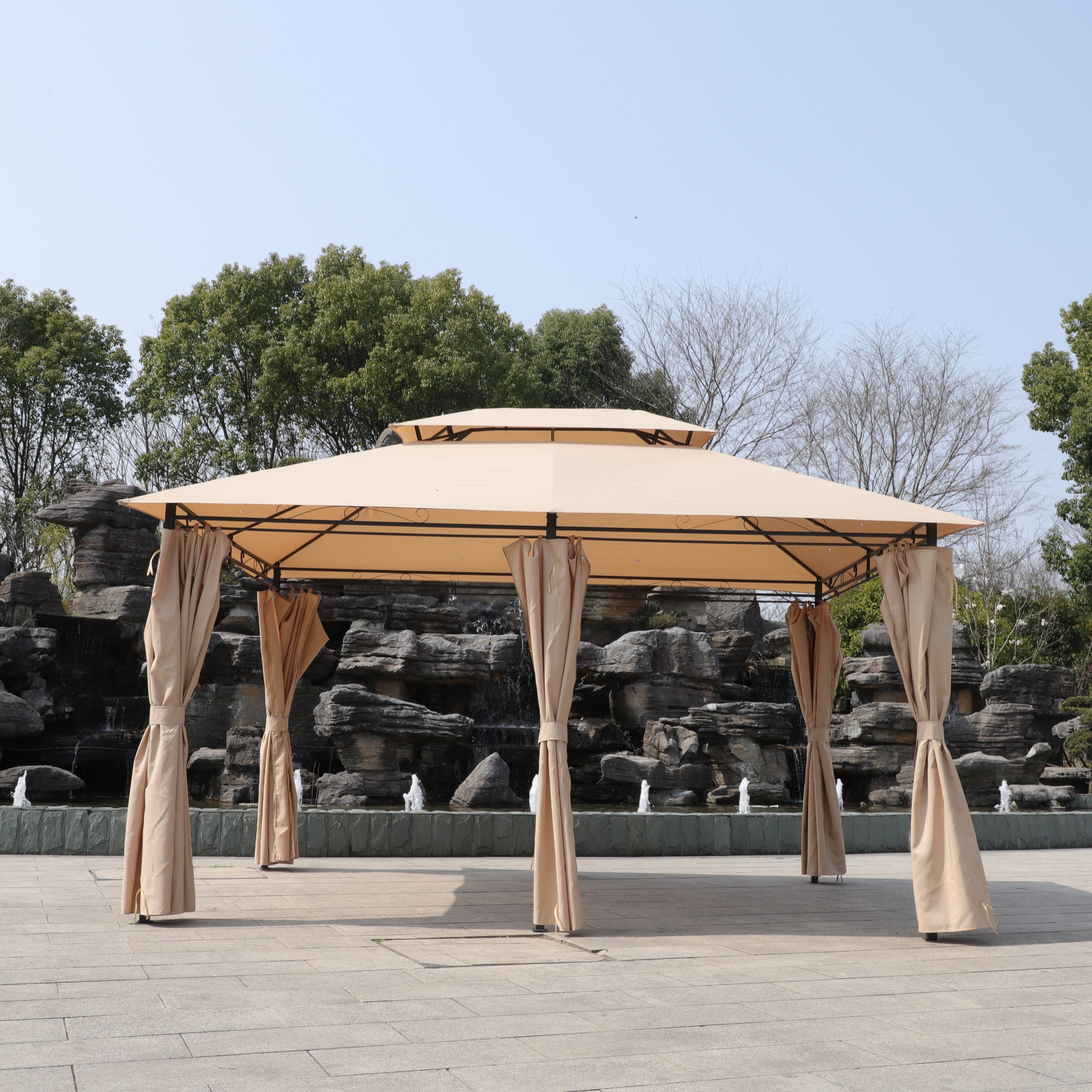 Khaki Outdoor Patio Gazebo Canopy Tent with Ventilated Double Roof