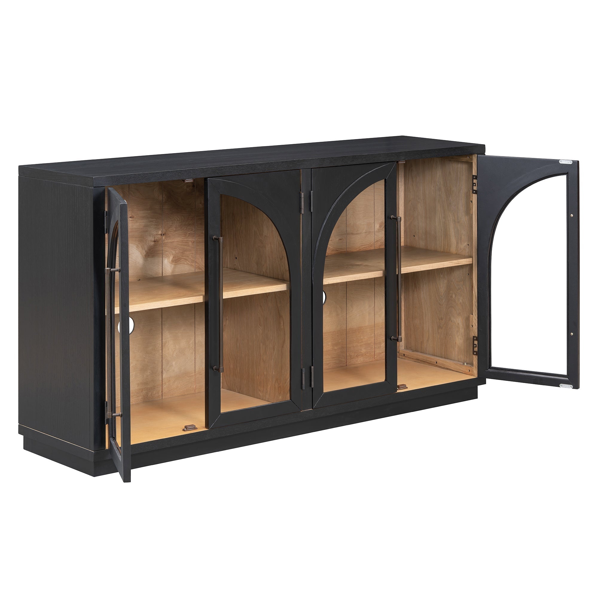 4-Door Large Storage Sideboard Buffet Cabinet with Glass Doors Arched Cabinet (Black)