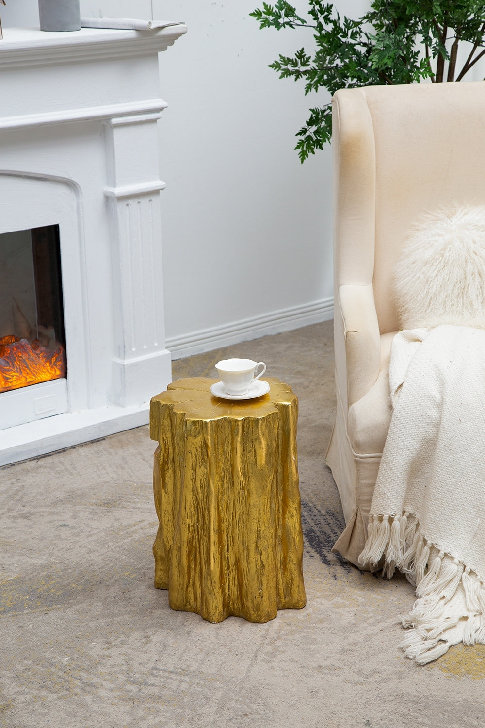 Unique Golden Tree Trunk Stool with Antique Gold Distressed Finish