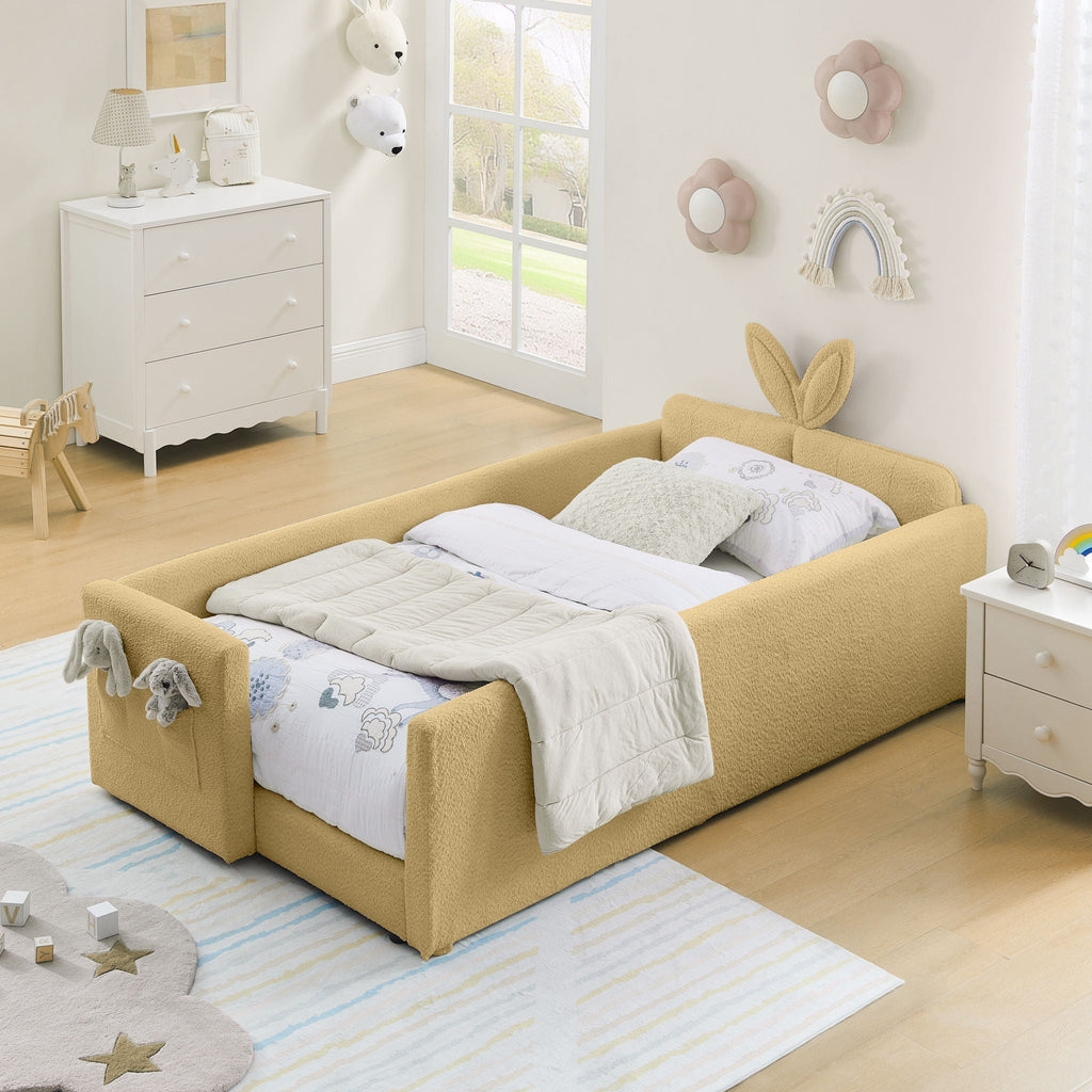 Cute Rabbit Ear Upholstered Platform Bed Frame With Safety Rail