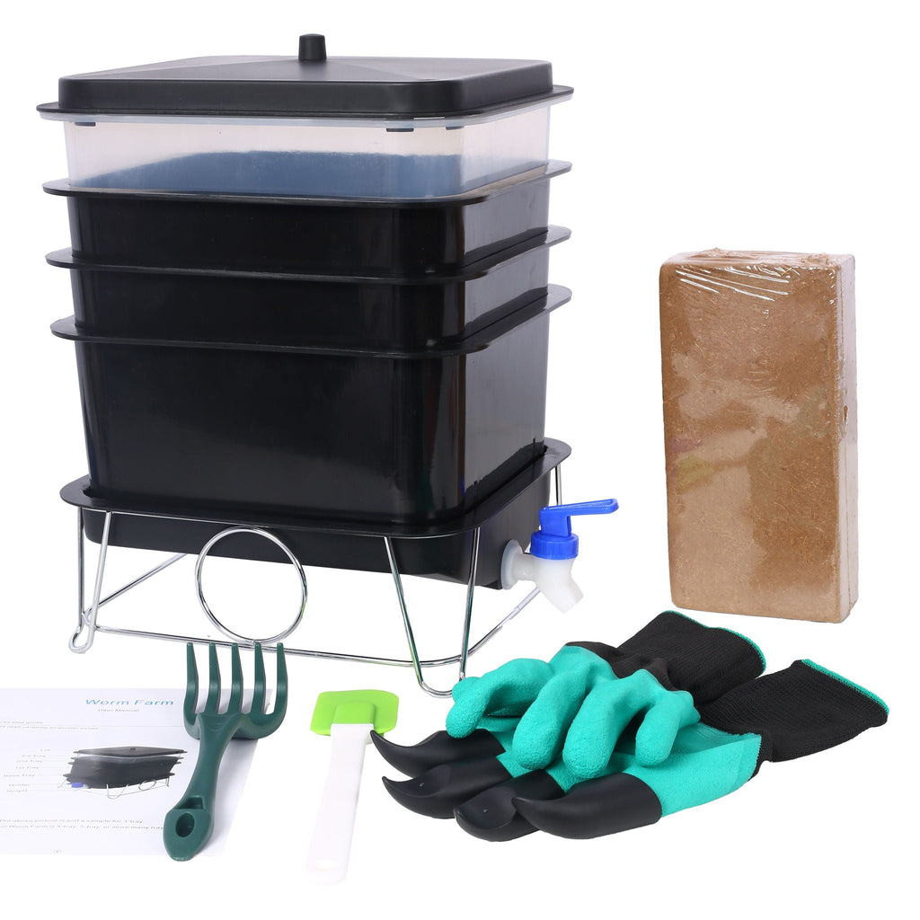 Durable Worm Farm Composting Bin With 4 Tray System For Food Waste Recycling Plastic - Black