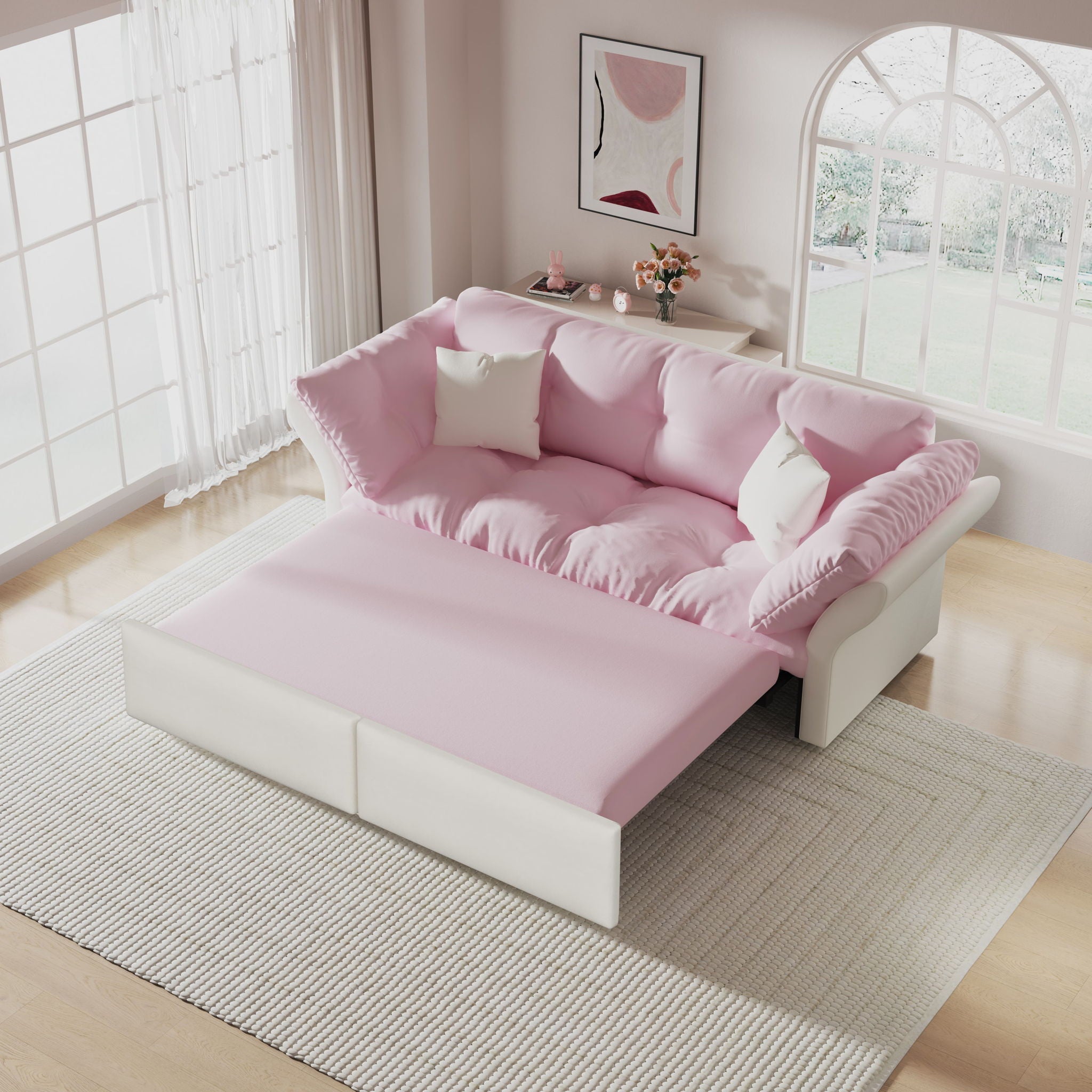 Queen Pull Out, 3 In 1 Convertible Sleeper Tufted Sofa & 2 Soft Pillows