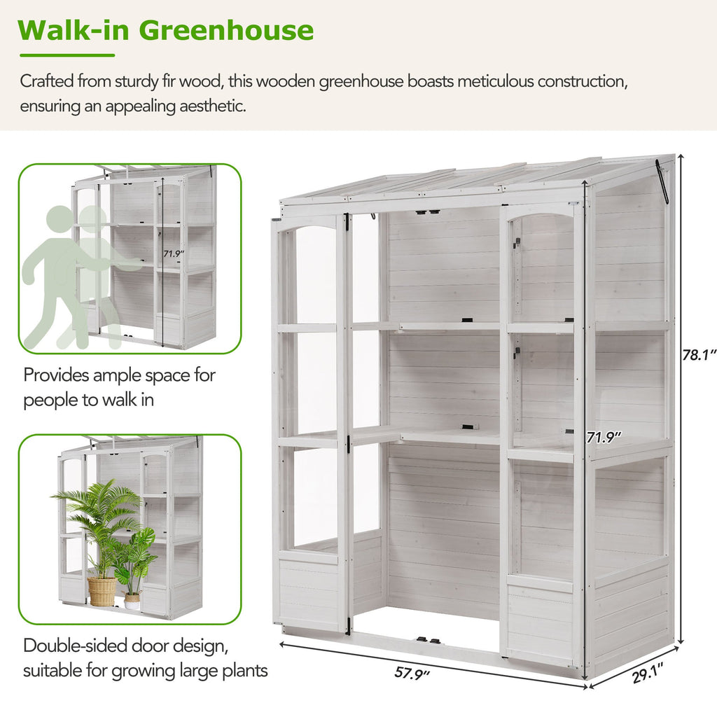 TOPMAX 78-Inch Wooden Greenhouse with Skylights and Folding Shelves