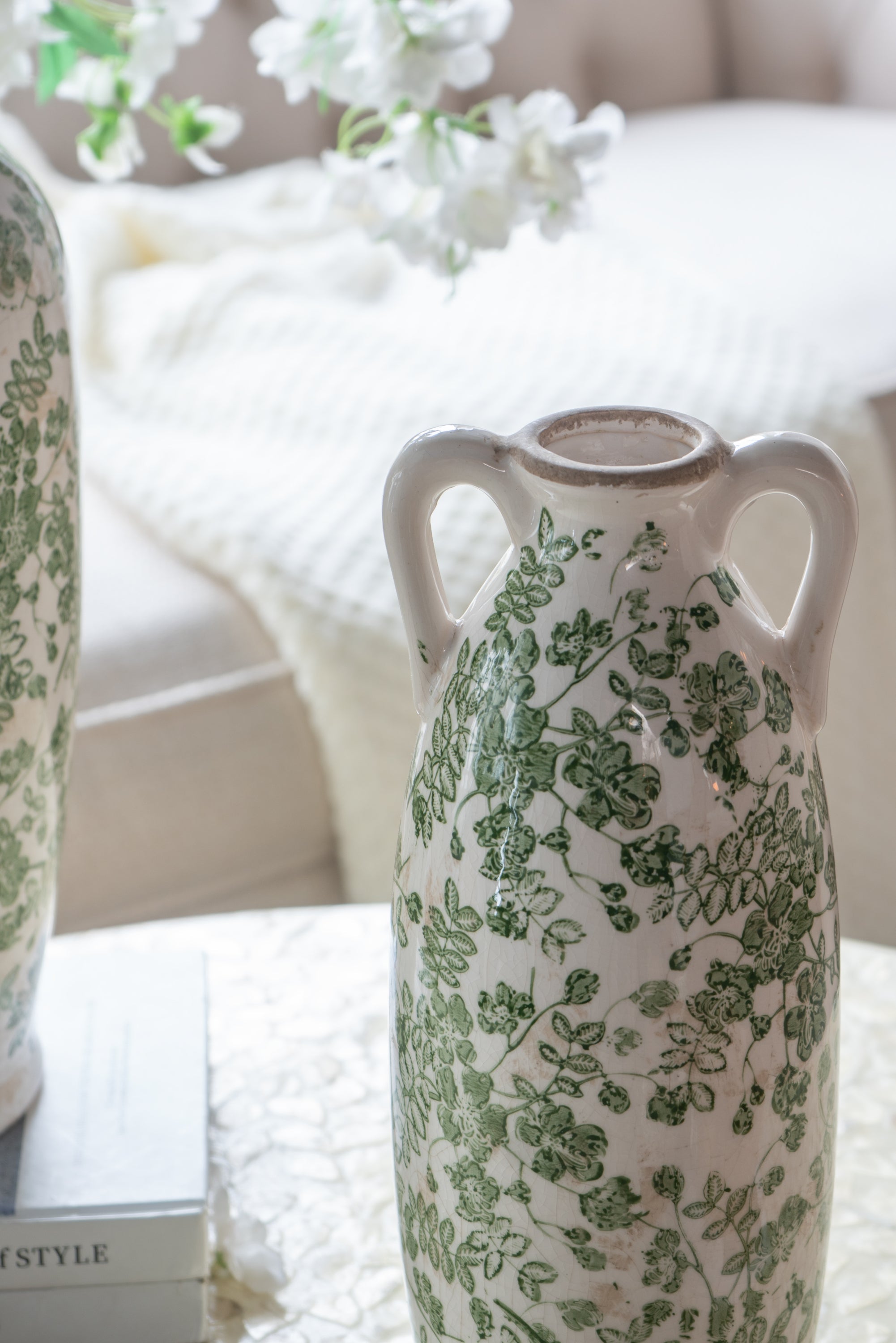 5.9x5.9x15.6' White Ceramic Flower Vase with Green Floral Pattern and Small Handles