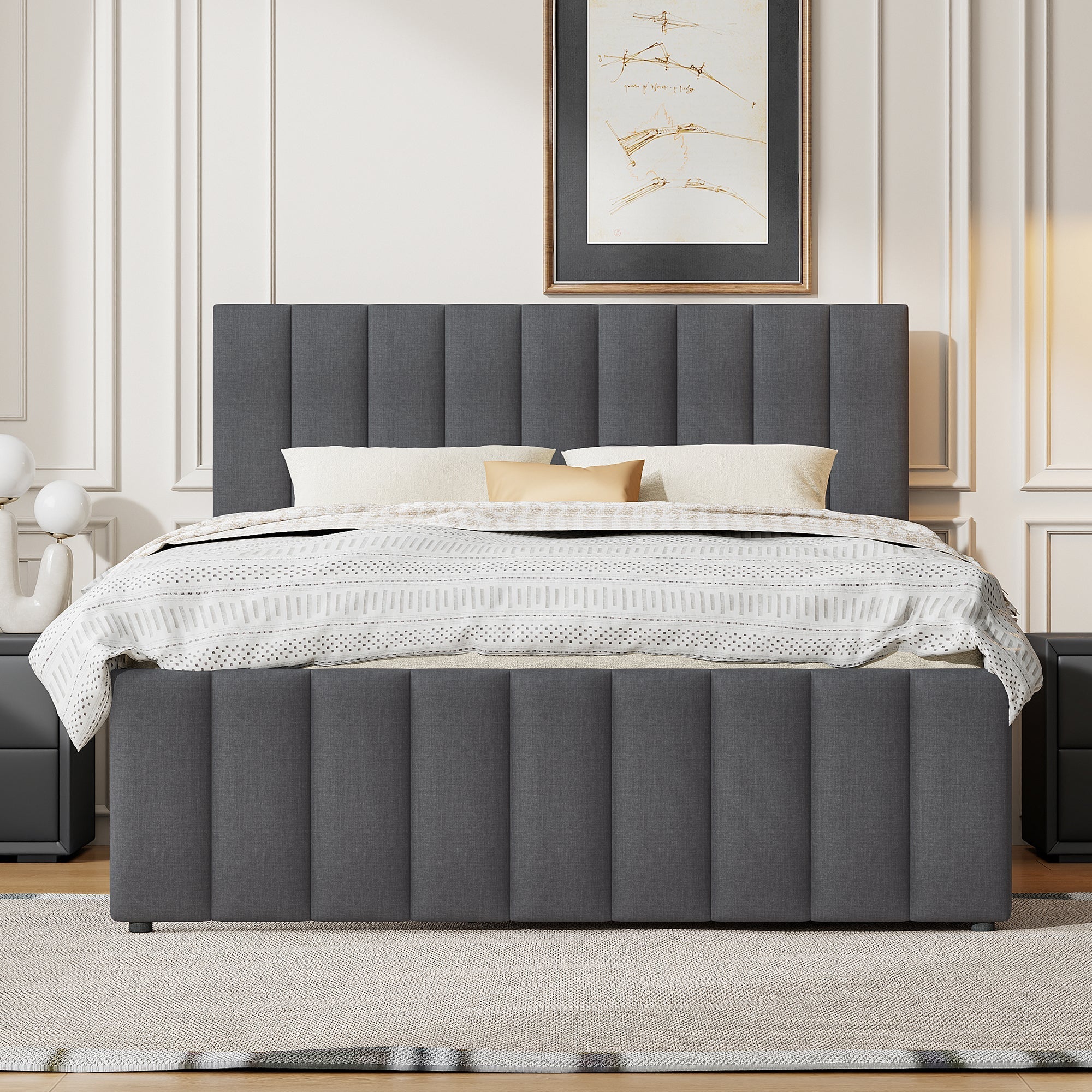 Full Size Upholstered Platform Bed with Twin Size Trundle and 3 Drawers