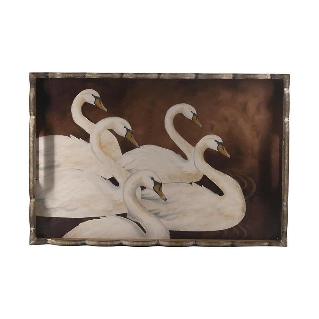 23.5x15.5x24 Brown MDF Tray Table with White Swan Motif and Iron Base