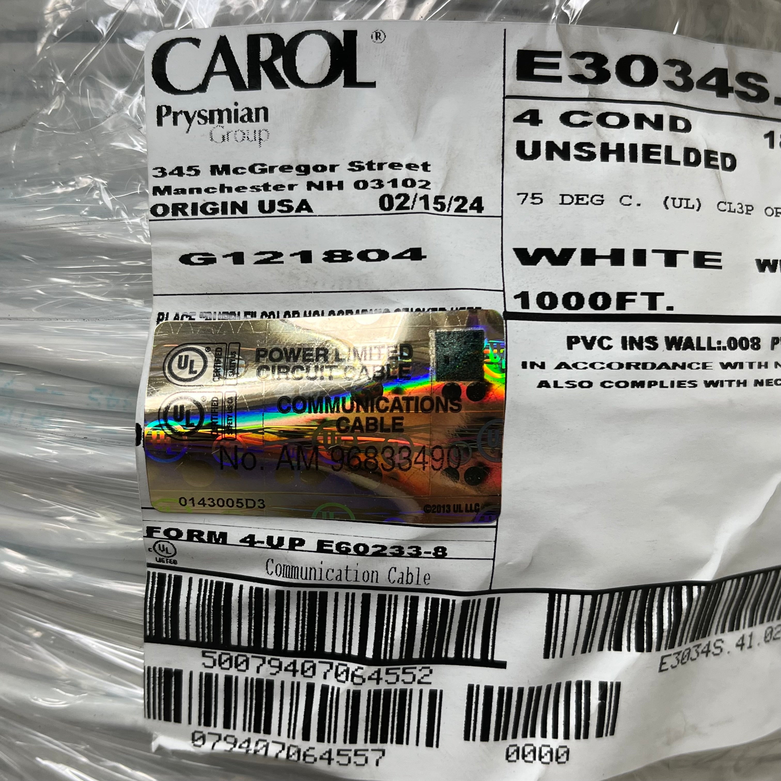 CAROL Multi Conductor Cable Copper & PVC Unshielded 18 Gauge 1000ft E3034S.41.02