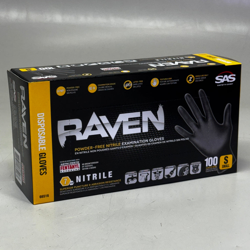 RAVEN (200 Gloves) Powder Free Nitrile Examination Gloves S Black 66516