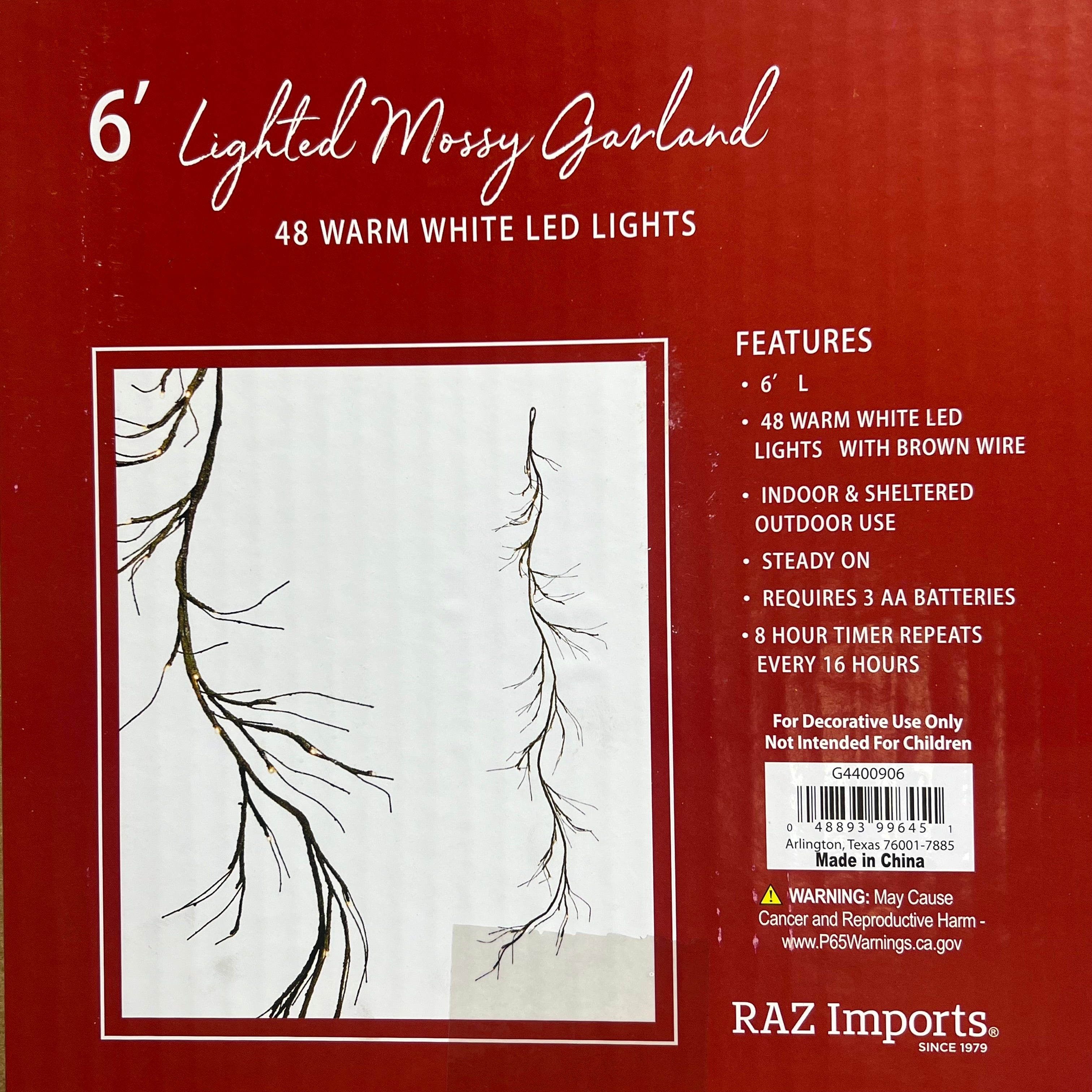 RAZ IMPORTS Lighted Mossy Garland Decoration W/ 48 White Lights 6' G4400906