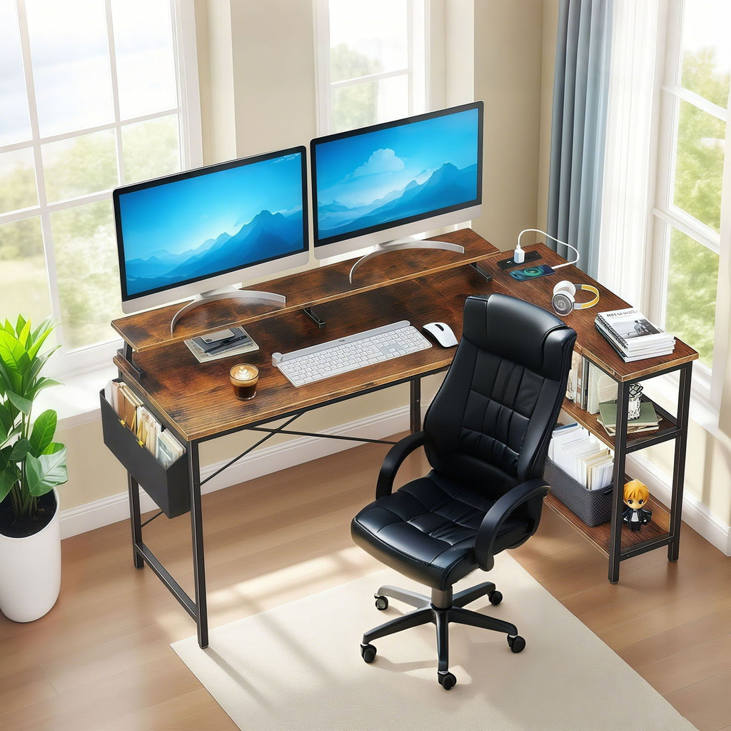 L-Shaped Gaming Desk With Power Outlets, Monitor Stand & Storage Shelves