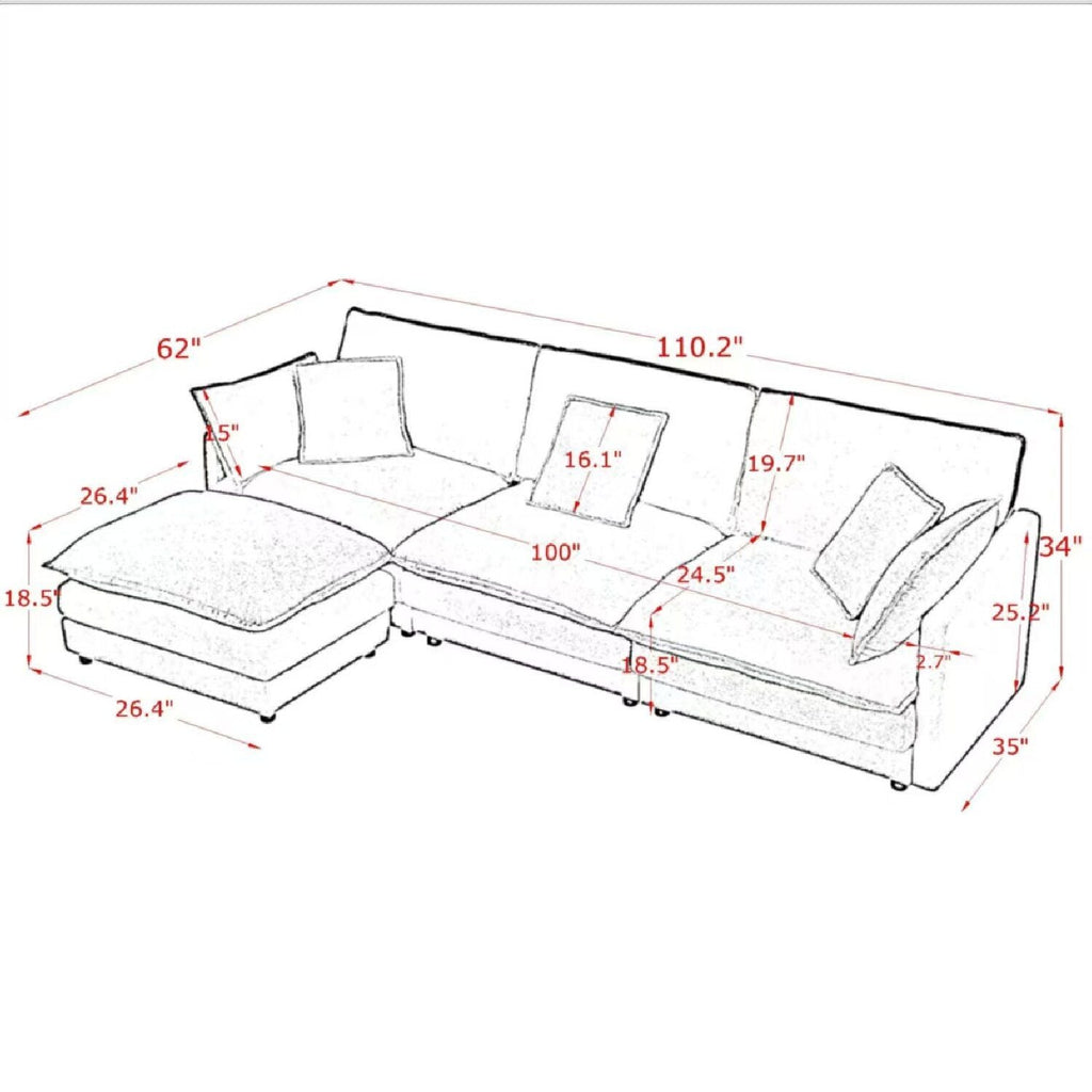 L-Shaped Sectional Sofa With Ottoman, Convertible 4 Seater Couch