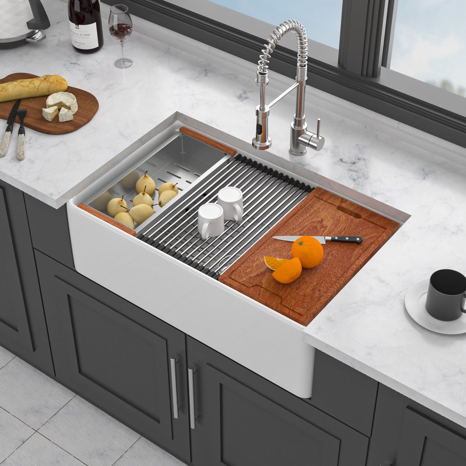 Kitchen Sink Workstation 33" Single Bowl Sink With Work Surface - White