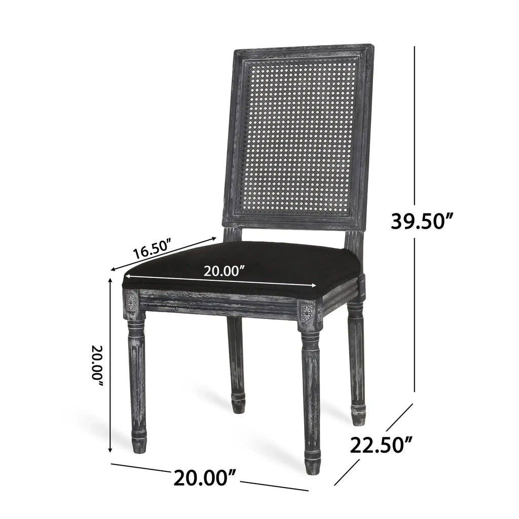 French Country Dining Chair With Rectangular Cane Backrest And Smooth Upholstered Seating