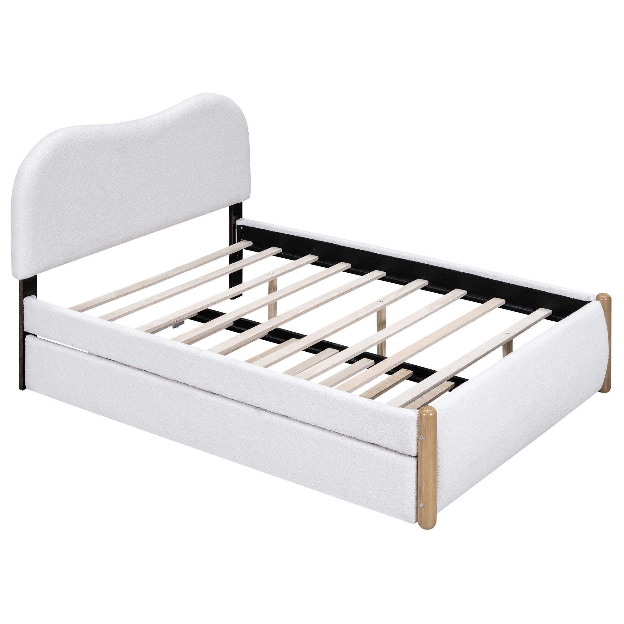 Upholstered Platform Bed With Wood Supporting Feet And Trundle
