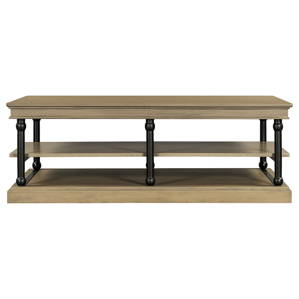 55.1' Wood Coffee Table with Black Legs and Open Storage Shelves