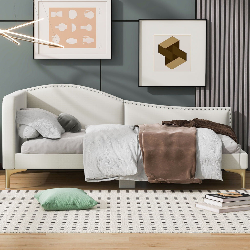 Upholstered Daybed With Headboard And Armrest, Support Legs