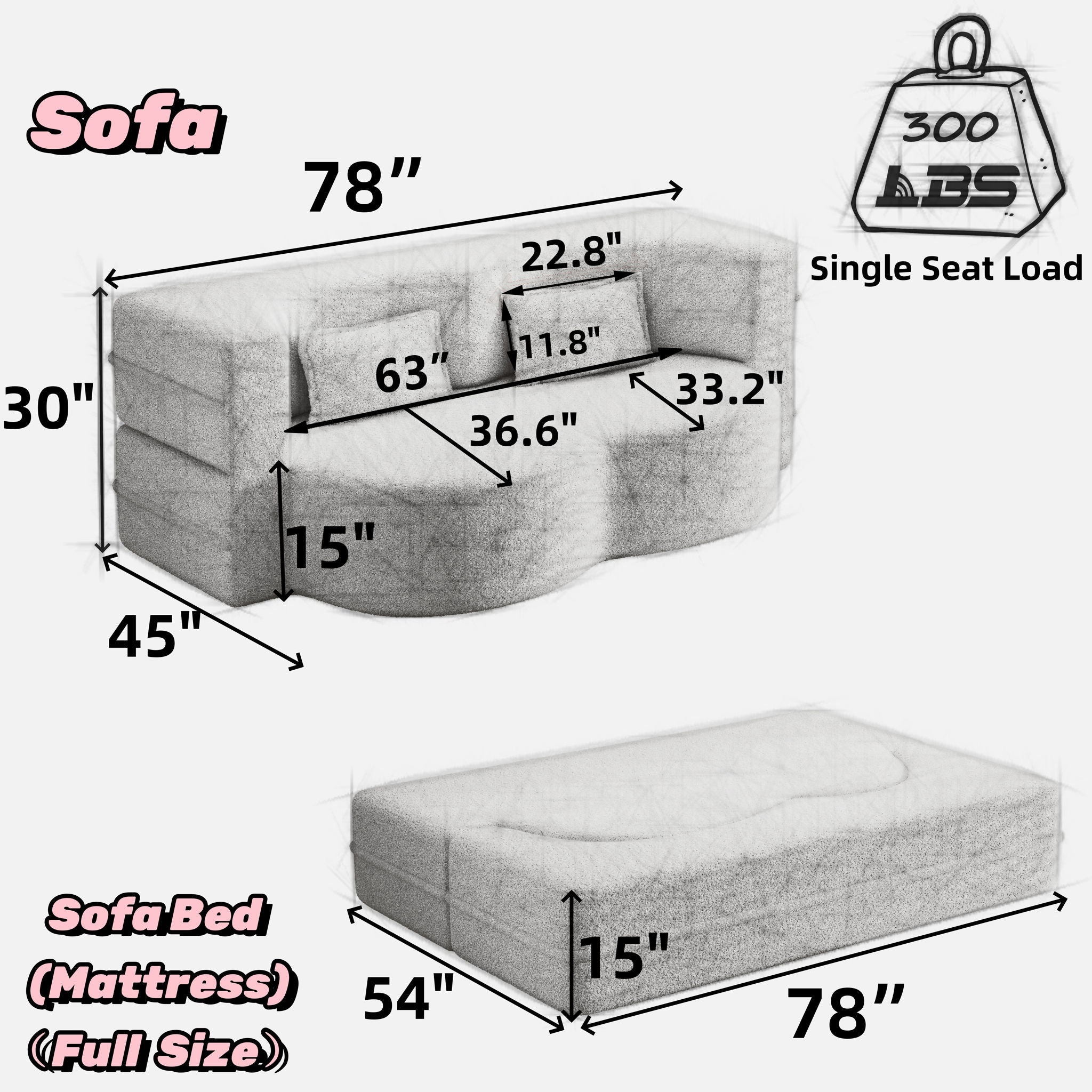 Convertible Foam-Filled Sleeper Sofa Bed with 2 Pillows