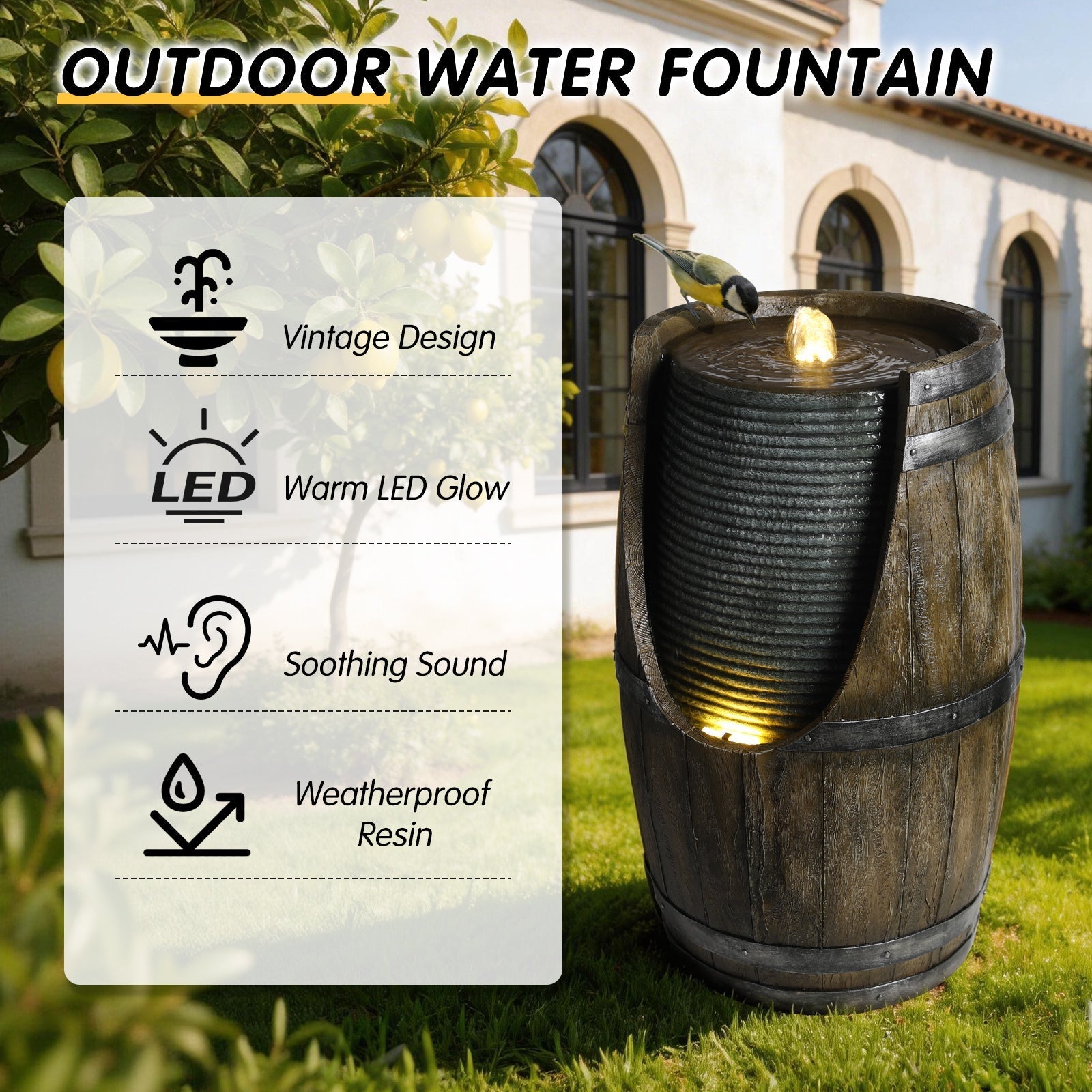 Wooden Barrel Style Outdoor Water Fountain with Lights
