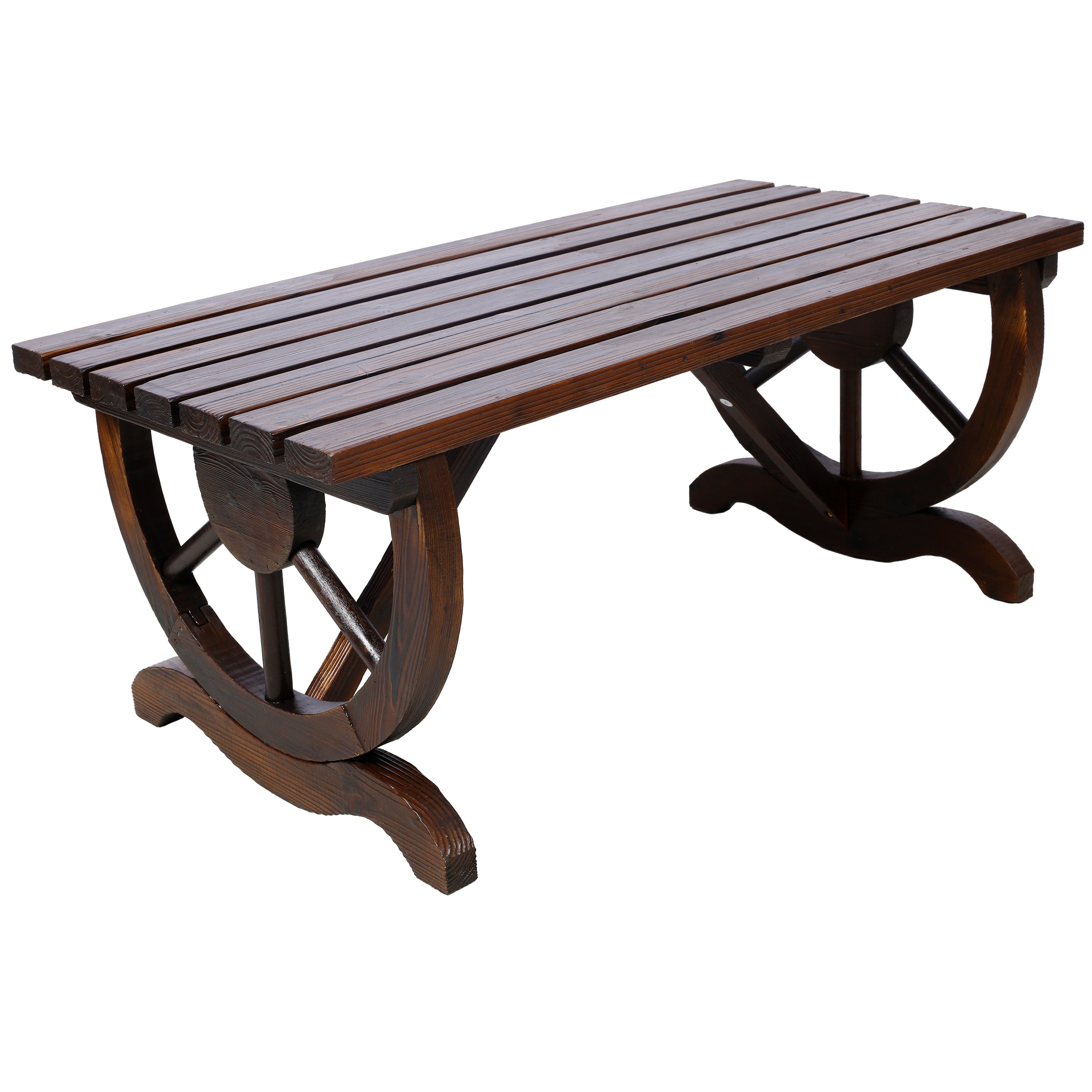 Outdoor Rustic Wooden Bench with Wagon Wheel Legs