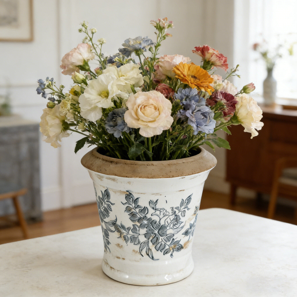 7.1x7.1x6.7' Ceramic Planter with Floral Pattern, Set of 2