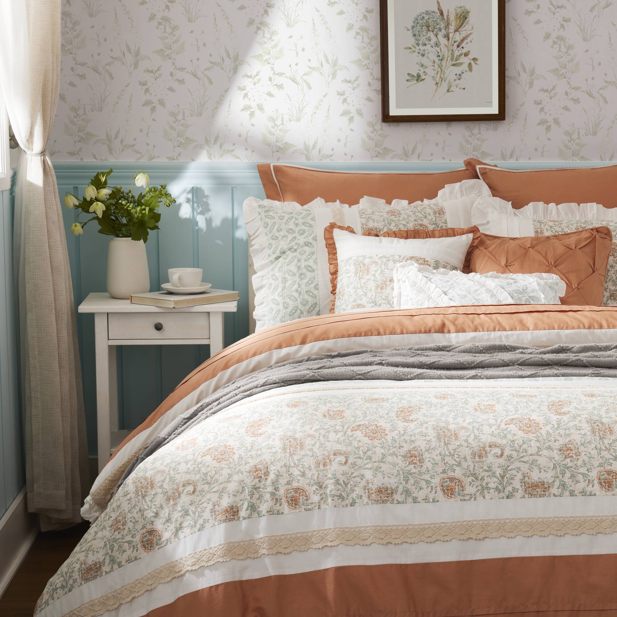 9 Piece Cotton Percale Comforter Set Coral Queen